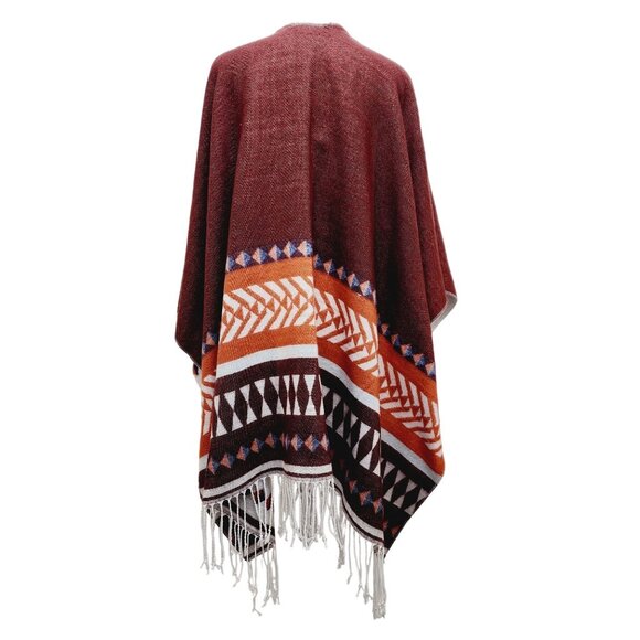 Loft Outlet Reversible Wrap Poncho With Fringe Geometric Print  one Size - Picture 4 of 12